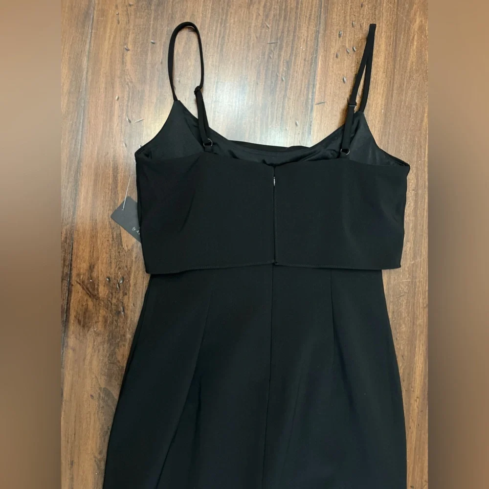 Aidan Adrianna Papell Crepe Popover Midi Black Fringe Hem Sheath Dress 2 LBD NWT - Picture 10 of 16